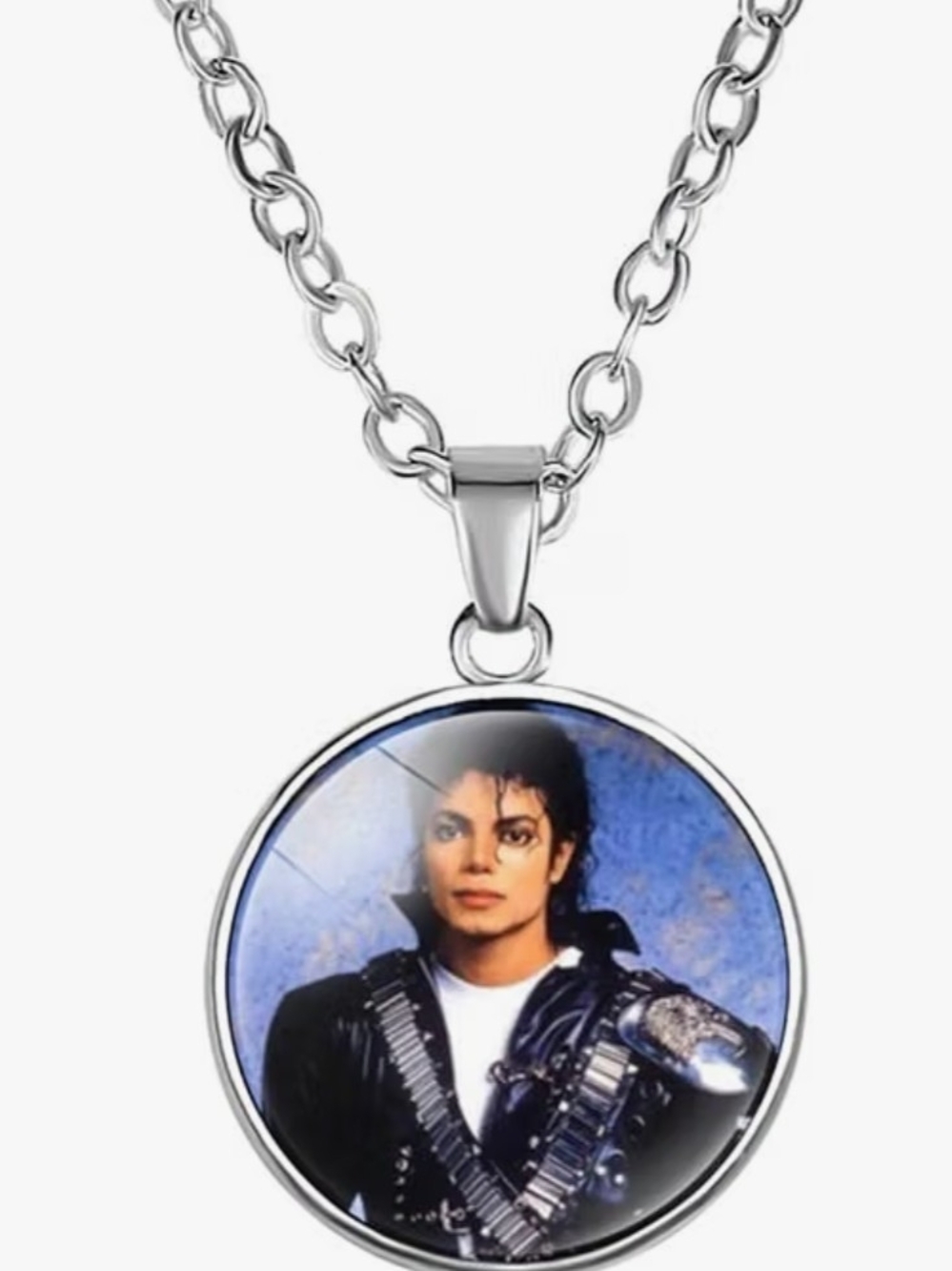 Michael Jackson Silver-tone Round Photo Pendant Necklace